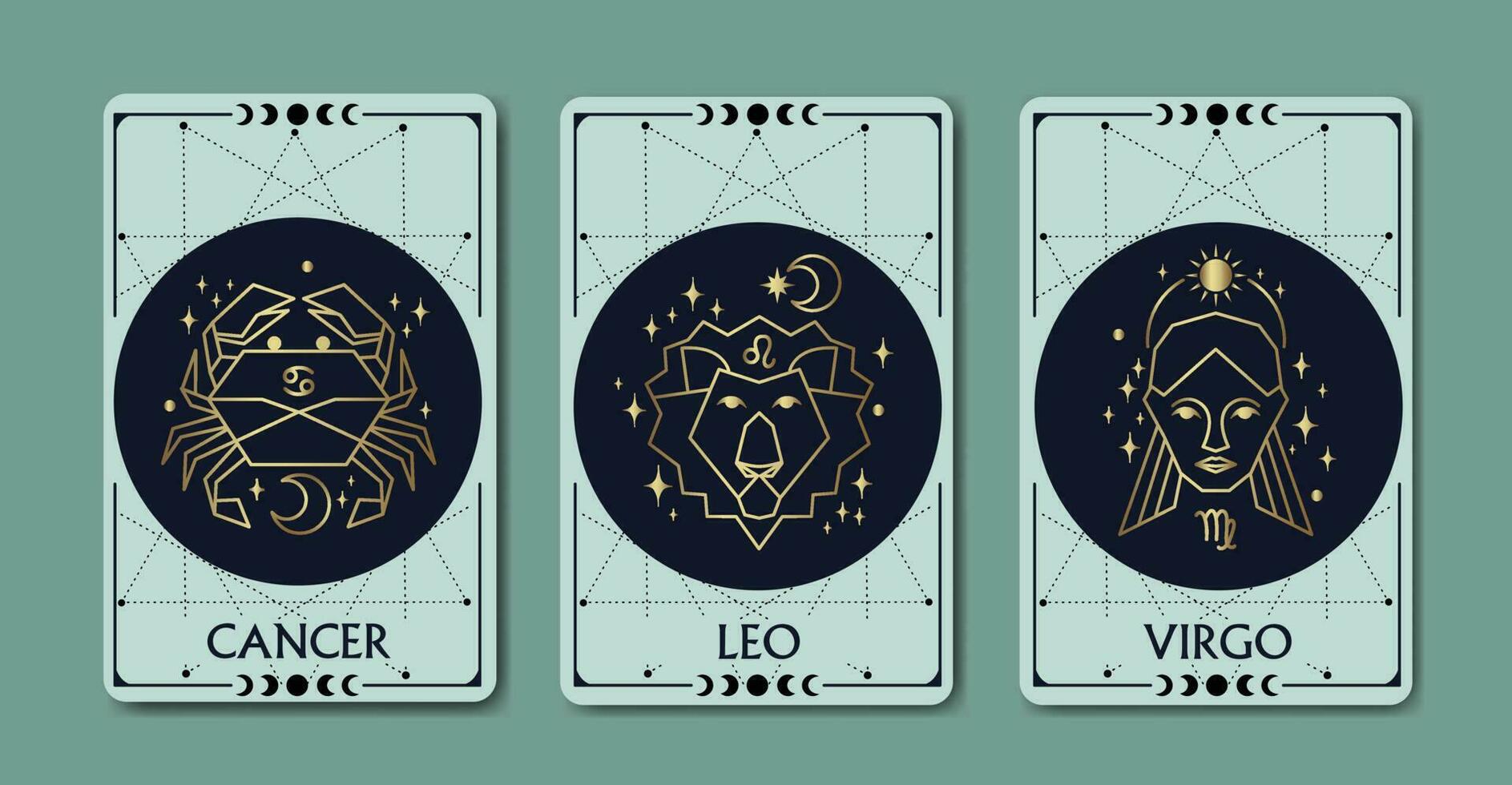 Cancer, Virgo, and Leo zodiac symbols linear simple style surrounded by moon phase on light green background, luxury, esoteric, and boho styles. Fit for paranormal, tarot readers, and astrologers vector