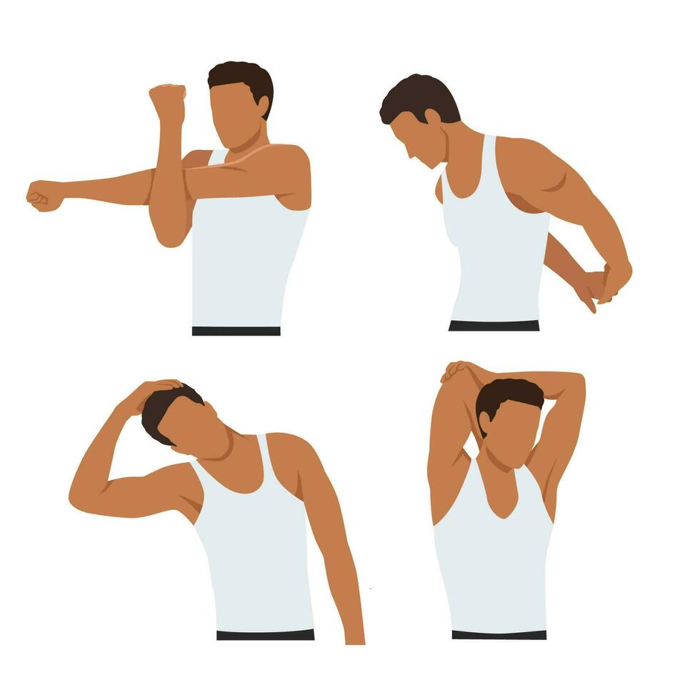 Man stretching her neck, arms and shoulders. hand. Flat vector