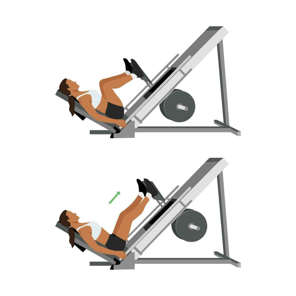 Woman doing leg press exercise on machine. Flat vector