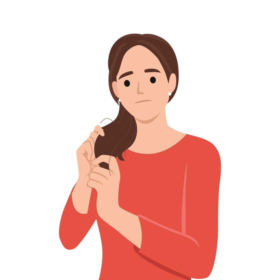 Illustration of a young woman  Stressing Over Her Dry Frizzy Hair. Flat vector