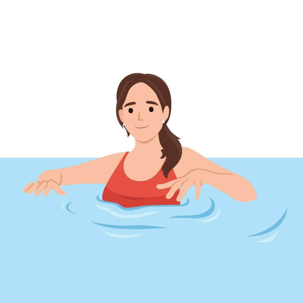 morena niña en rojo traje de baño nadando en agua, mujer relajante en el mar, Oceano o nadando piscina a verano vacaciones vector
