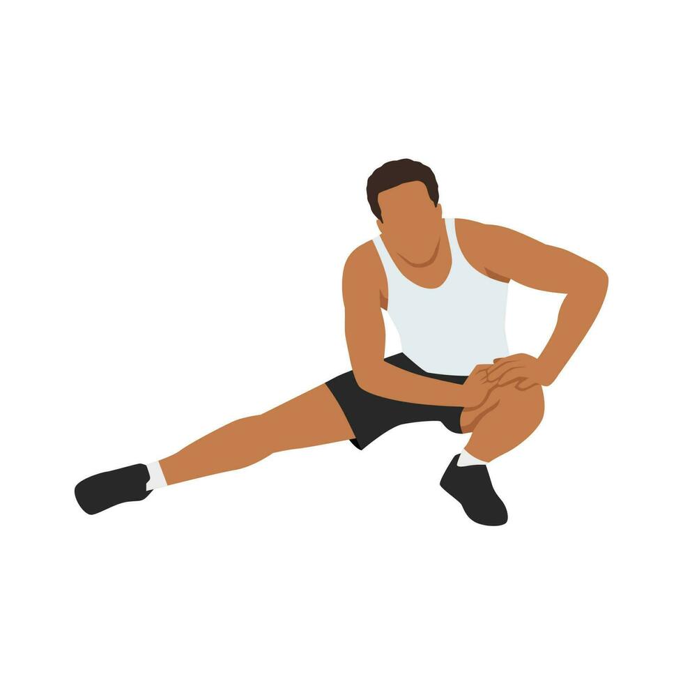 hombre extensión muslos y pierna antes de ejercicio. plano vector