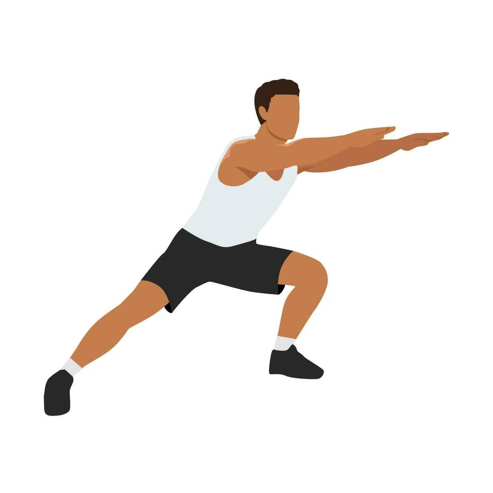 Man warming up legs before jogging hands in the front. Flat vector