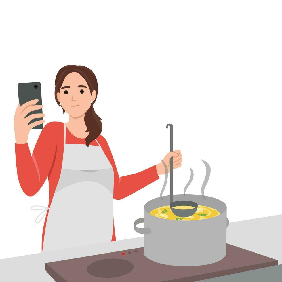 mujer Cocinando sopa a cocina con en línea receta en Teléfono móvil. sonriente moderno madre preparando comida utilizando libro de cocina o solicitud en móvil. plano vector