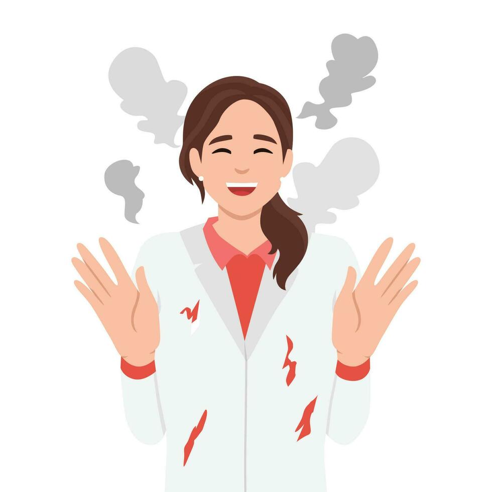 Woman mad scientist with tousled hair after failed experiment with chemical reagents. Research laboratory employee raises hands while standing in white coat with stains and smoke vector