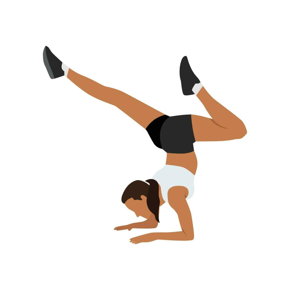 Woman doing handstand with bending legs. Flat vector