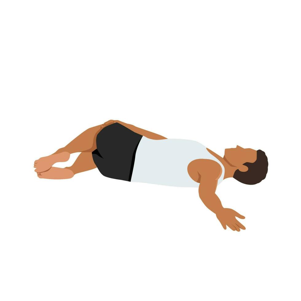 hombre haciendo supta matsyendrasana yoga pose, reclinado espinal giro pose. plano vector