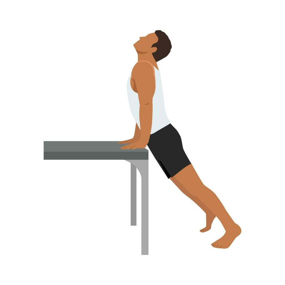 Man doing workout at office upward dog on desk. Flat vector