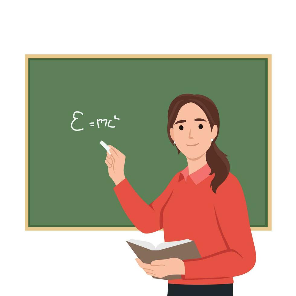 The teacher is giving a lesson in front of the blackboard. Flat vector