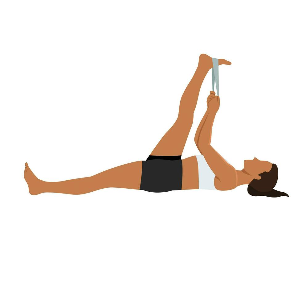 Woman doing Lying Hamstring stretch with elastic band exercise. Flat vector  23226119 Vector Art at Vecteezy