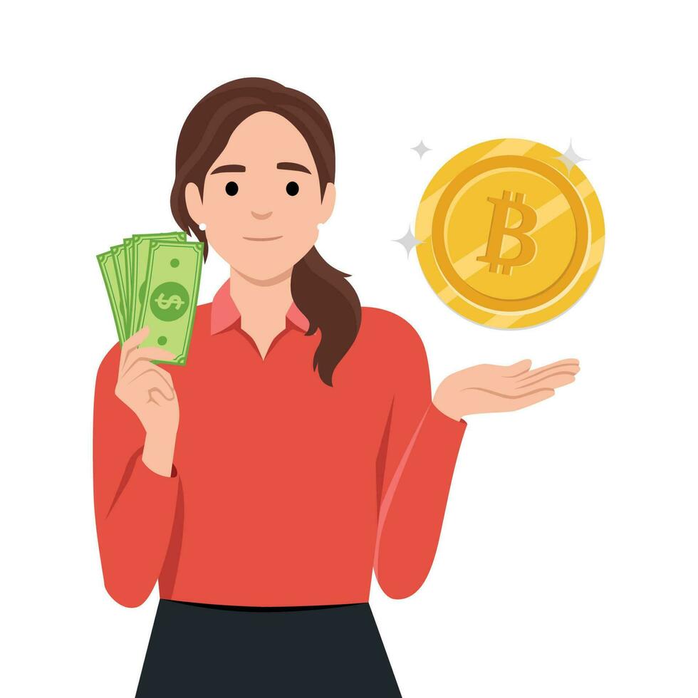 Young woman hold bitcoin coin sign in hand and dollar money. Person with bitcoin, crypto currency coin. Flat vector
