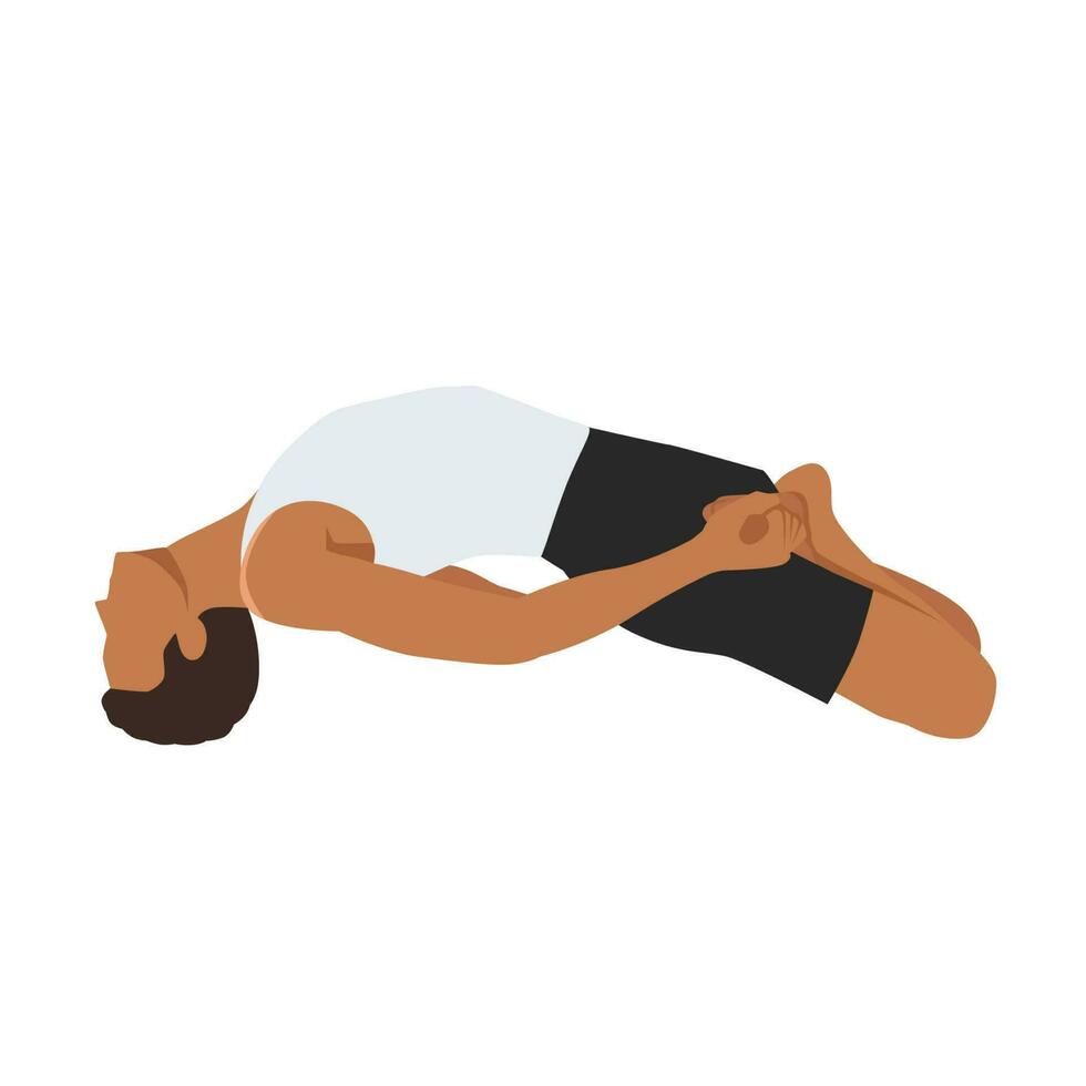 Man doing Lotus Fish Pose Variation. Beautiful girl practice Matsyasana Variation Padmasana Elbows. Flat vector