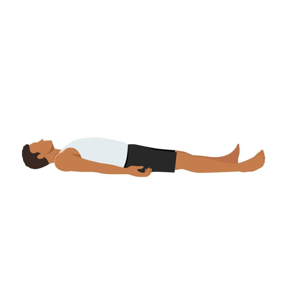 hombre haciendo shavasana o cadáver pose. yoga práctica ejercicio. plano vector