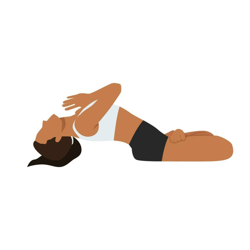 Woman doing Fish Pose Lotus legs and namaste hands. Beautiful girl practice Matsyasana Variation Padmasana Elbows. Flat vector