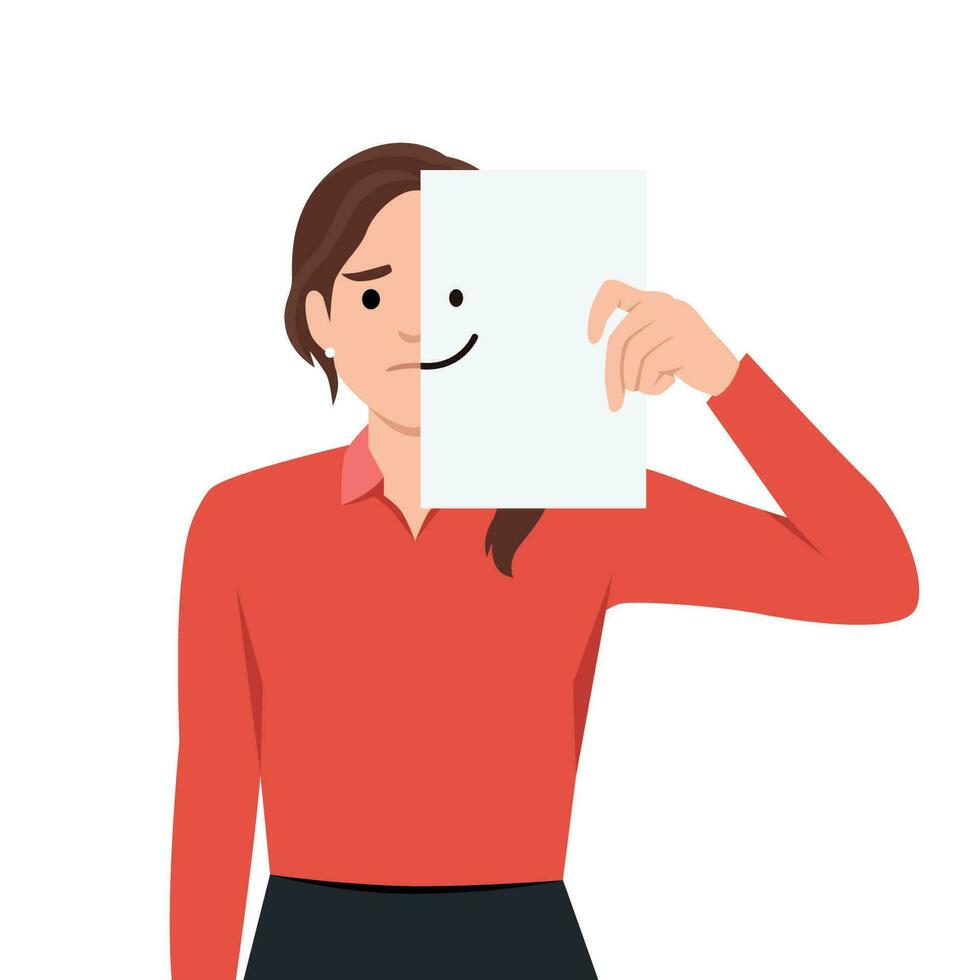 Mental disorder, depression, grief concept. Young sad unhappy woman holding paper smile on face hiding her mouth behind fake drawn smile pretending to be happy vector