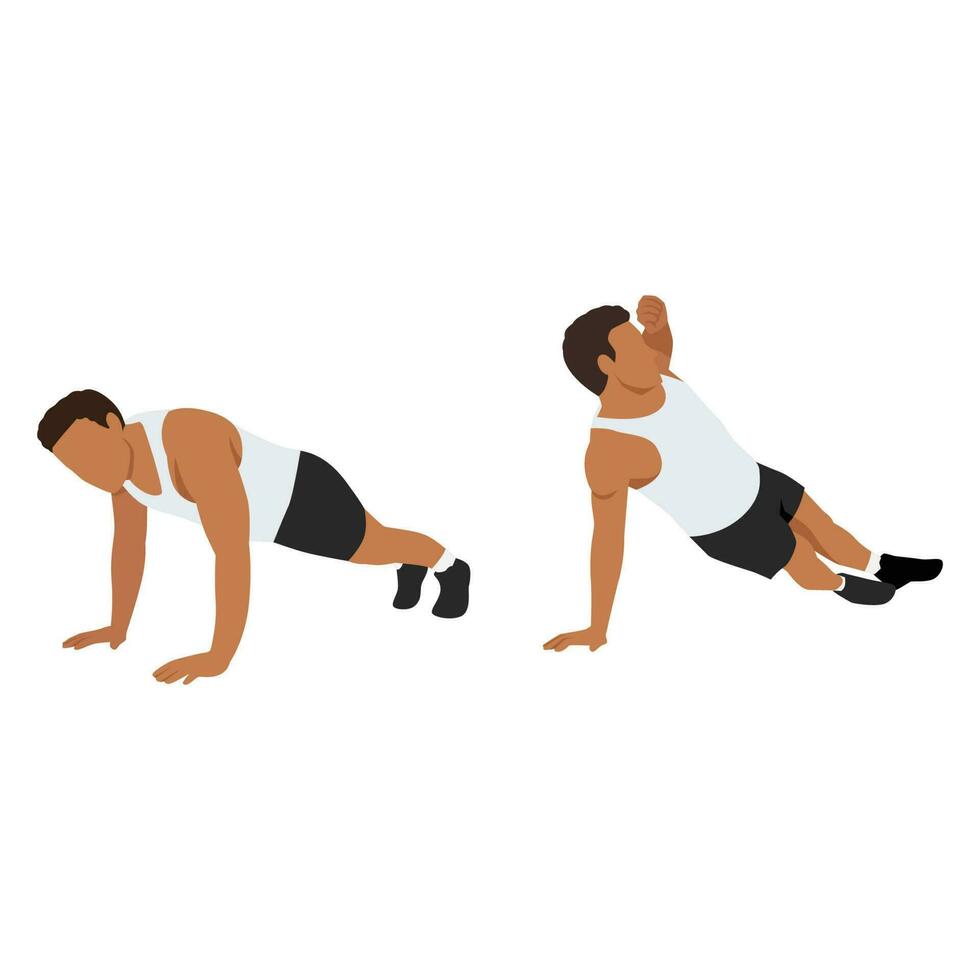 Man doing push up with a twist. Flat vector