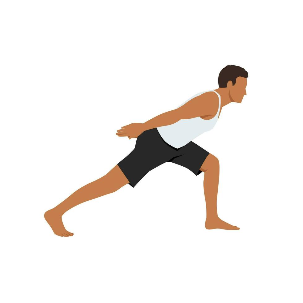 Man doing high lunge to forward bend with hands folded on the back exercise. Flat vect vector
