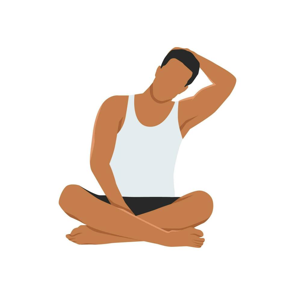 hombre haciendo meditando y sentado extensión cuello a el lado. lanzamiento cuello y hombro tensión. plano vector