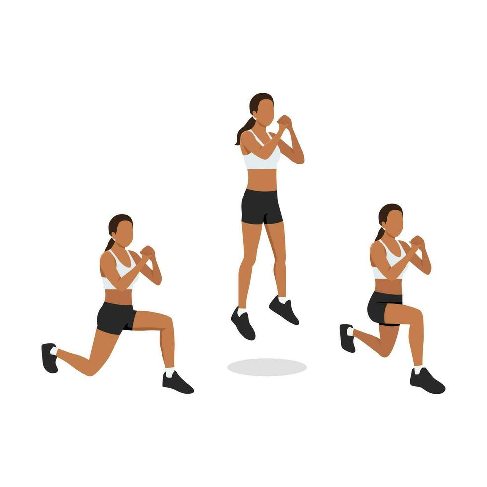 Woman doing Explosive Jumping Alternating Lunges Exercise in 3 steps for lower body and Hamstring. Flat vector illustration isolated on white background