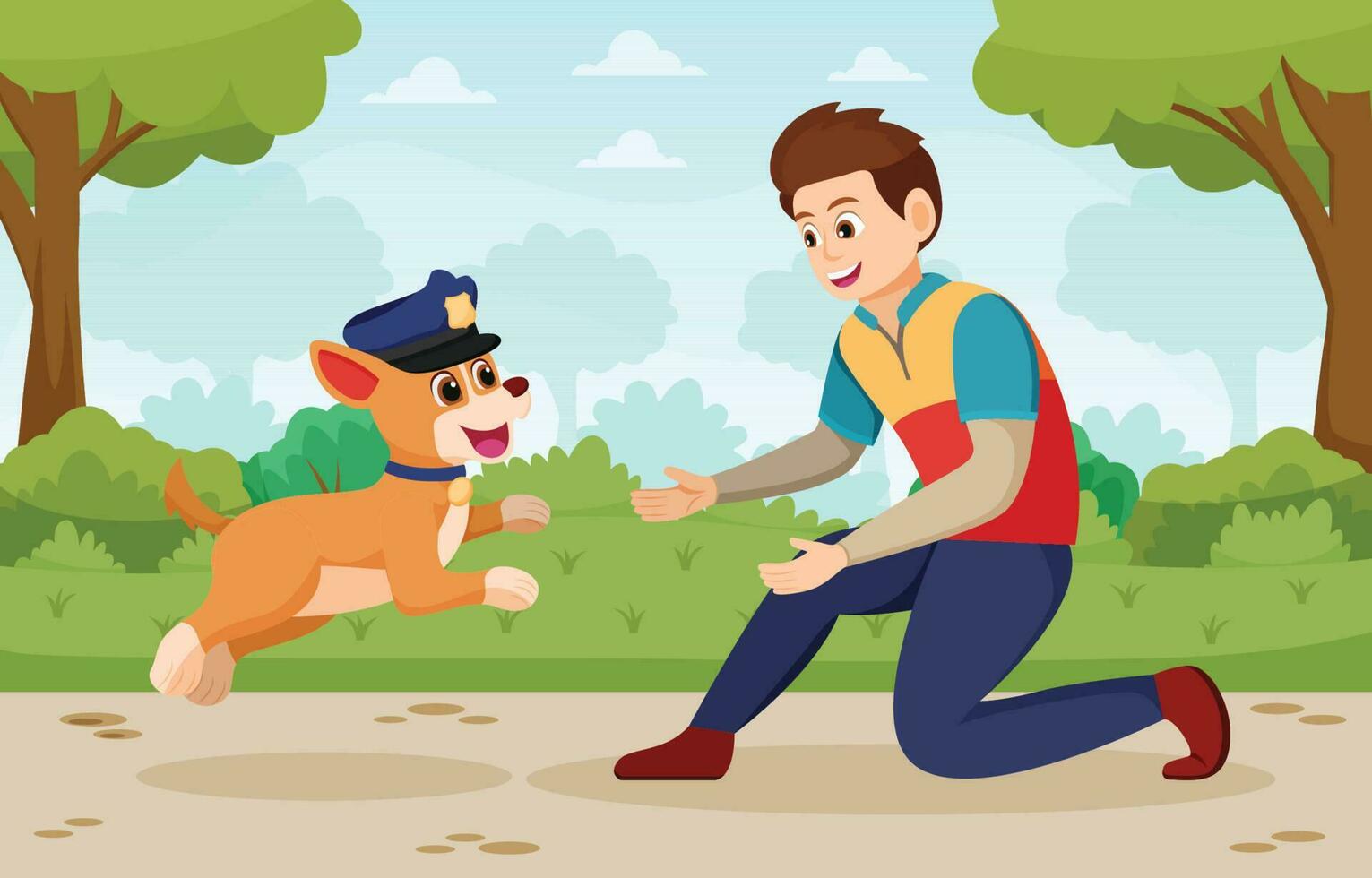 Dog With Police Hat Leaping To Its Owner vector