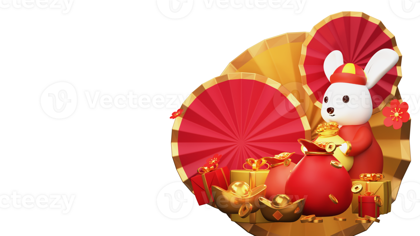 3D Render Of Cartoon Rabbit Holding Treasure Sack With Chinese Festival Elements. png
