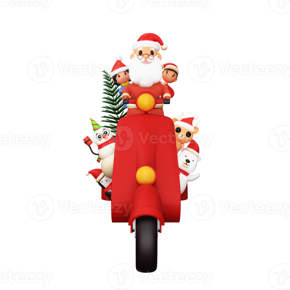 3d rendre de Père Noël claus équitation scooter avec enfants, marrant animal, bonhomme de neige et Noël arbre pour joyeux Noël concept. png