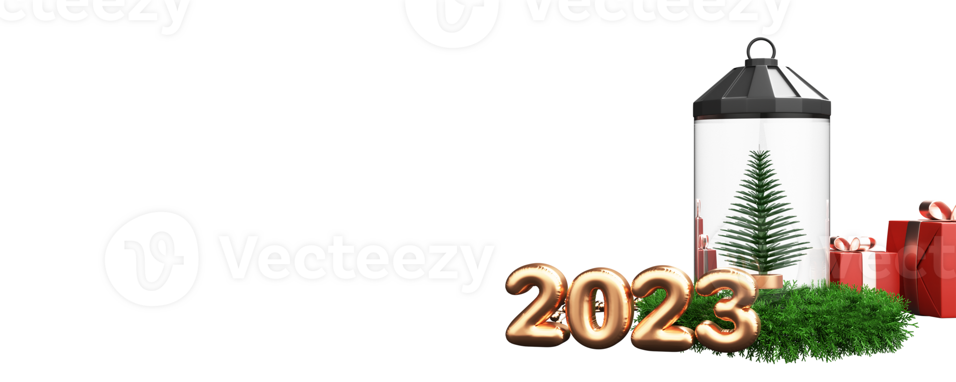 3D Render Of Bronze Foil 2023 Number With Xmas Tree Inside Lantern, Gift Boxes And Green Tinsel Element. png