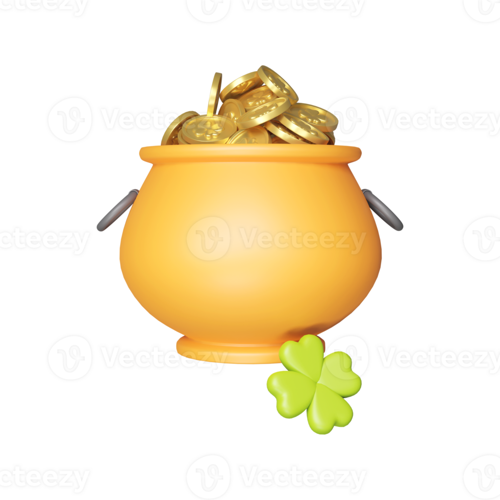 3D Illustration Of Full Clover Coins Cauldron Element. png