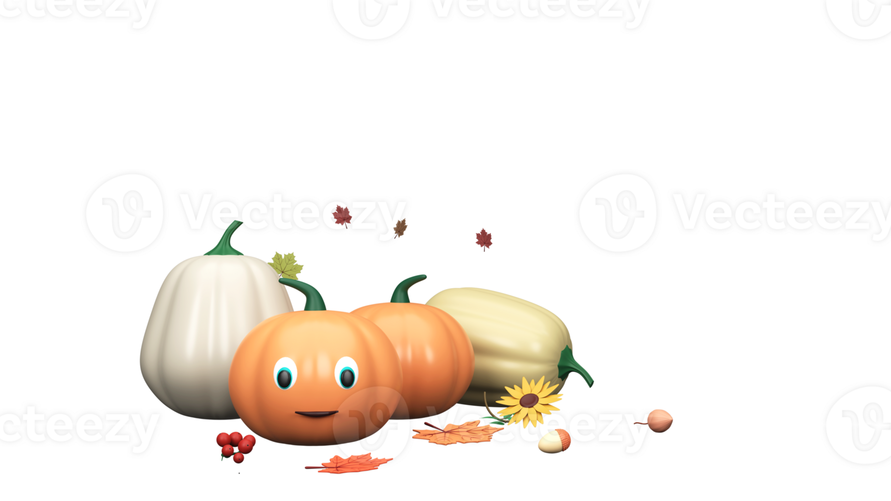 3D Render Of Pumpkins With Berries, Sunflower, Maple Leaves, Acorn, Ground Cherry And Copy Space. png
