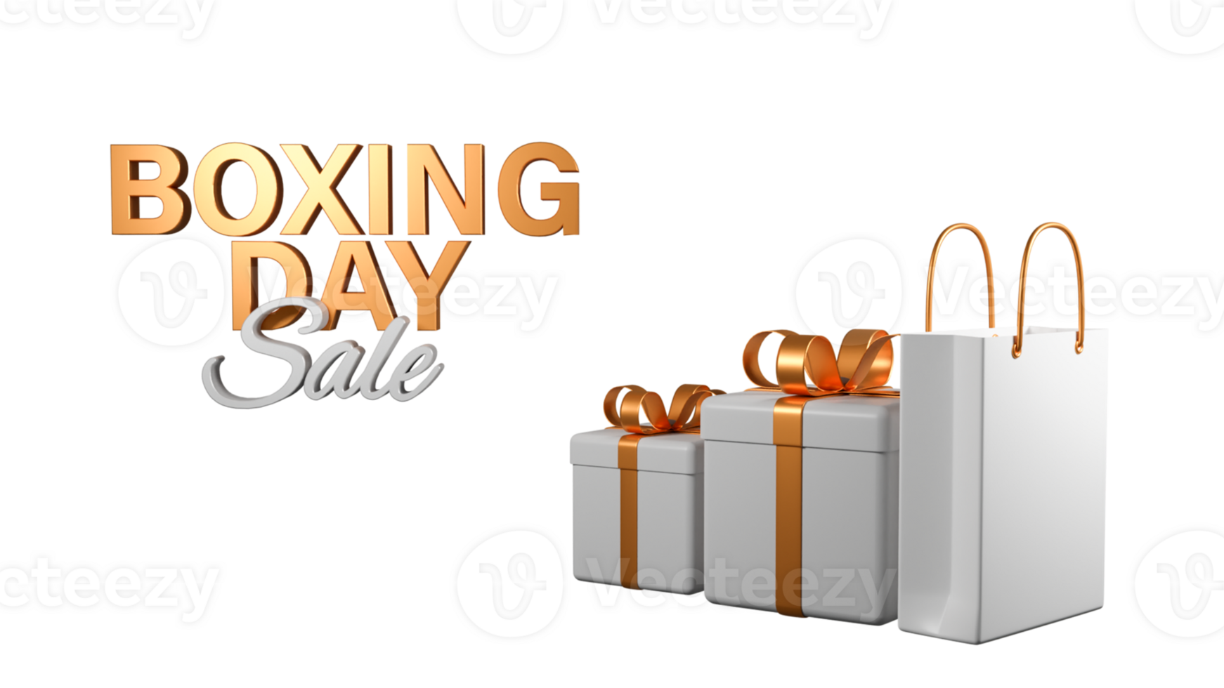 3D Render Boxing Day Sale Text With Realistic Gift Boxes And Shopping Bag.  Advertising Banner Design. png