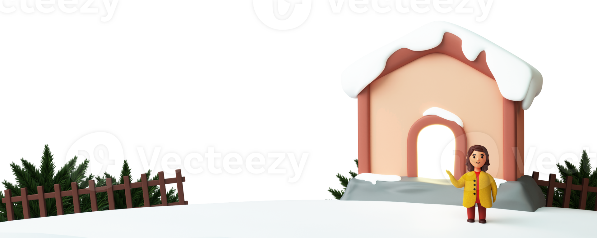 3D Illustration Young Girl Standing In Front Of Snow Cover House With Fence, Fir Tree Against Background And Copy Space. png