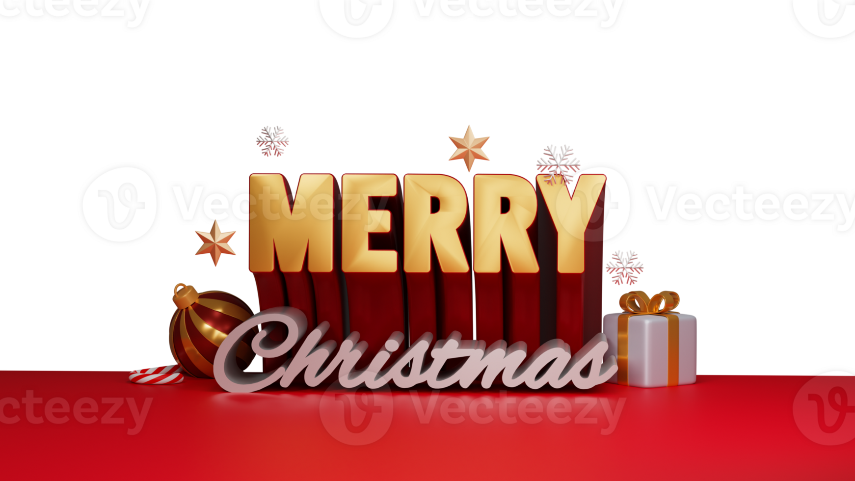 3D Render Merry Christmas Text With Realistic Gift Box, Bauble, Candy Cane, Golden Stars And Snowflakes. png
