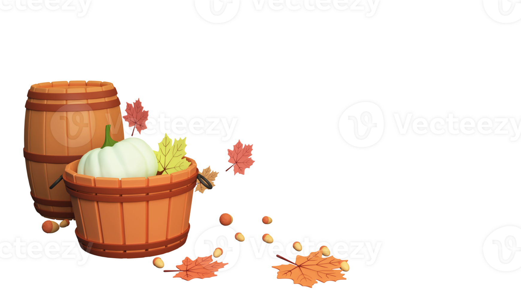 3D Render Wood Basket Full Of Pumpkin With Maple Leaves, Acorns, Barrel Against Background And Copy Space. png