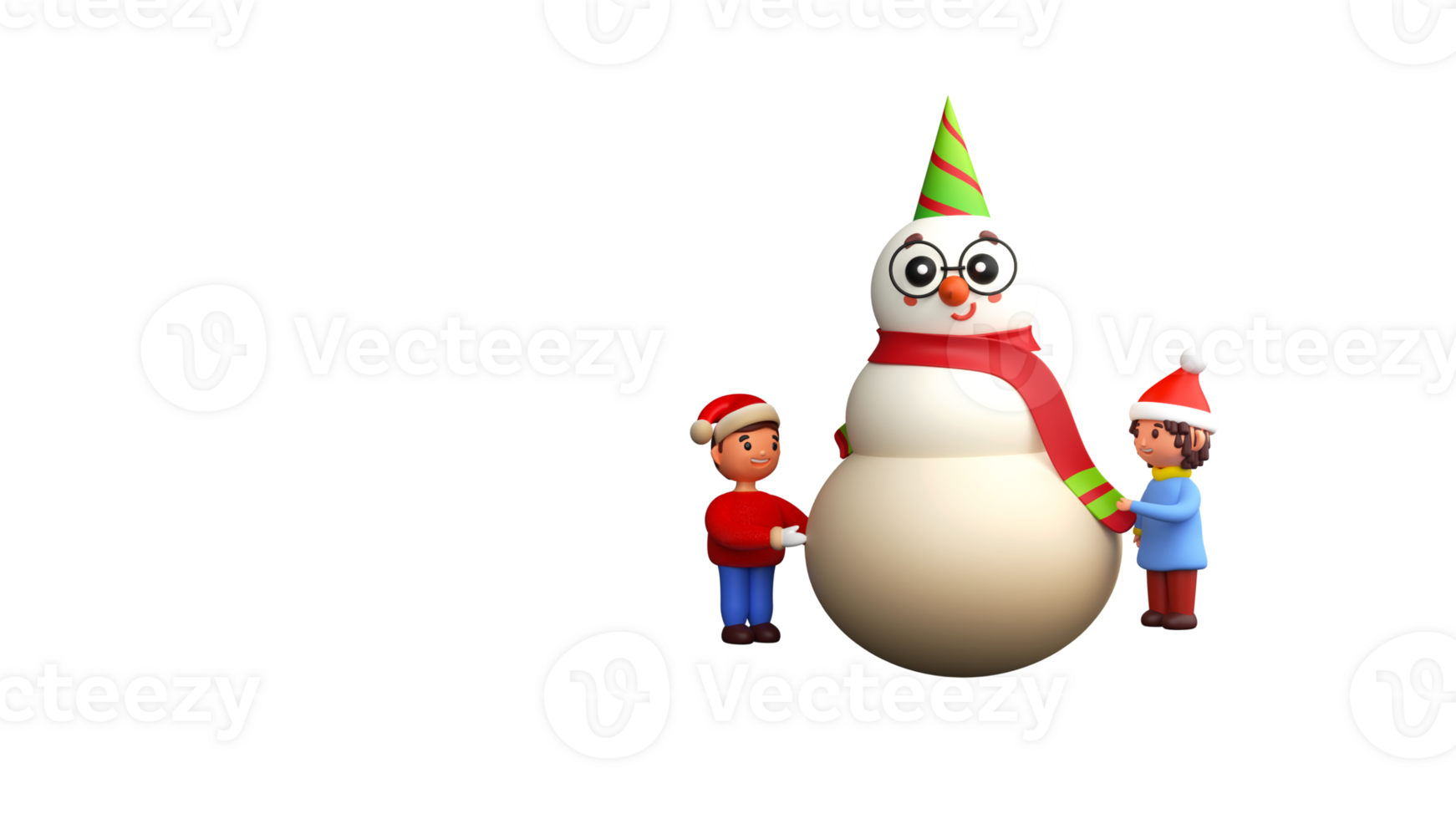 3D Render Of Cute Snowman With Cheerful Kids Wearing Santa Hat Against Background And Copy Space. png