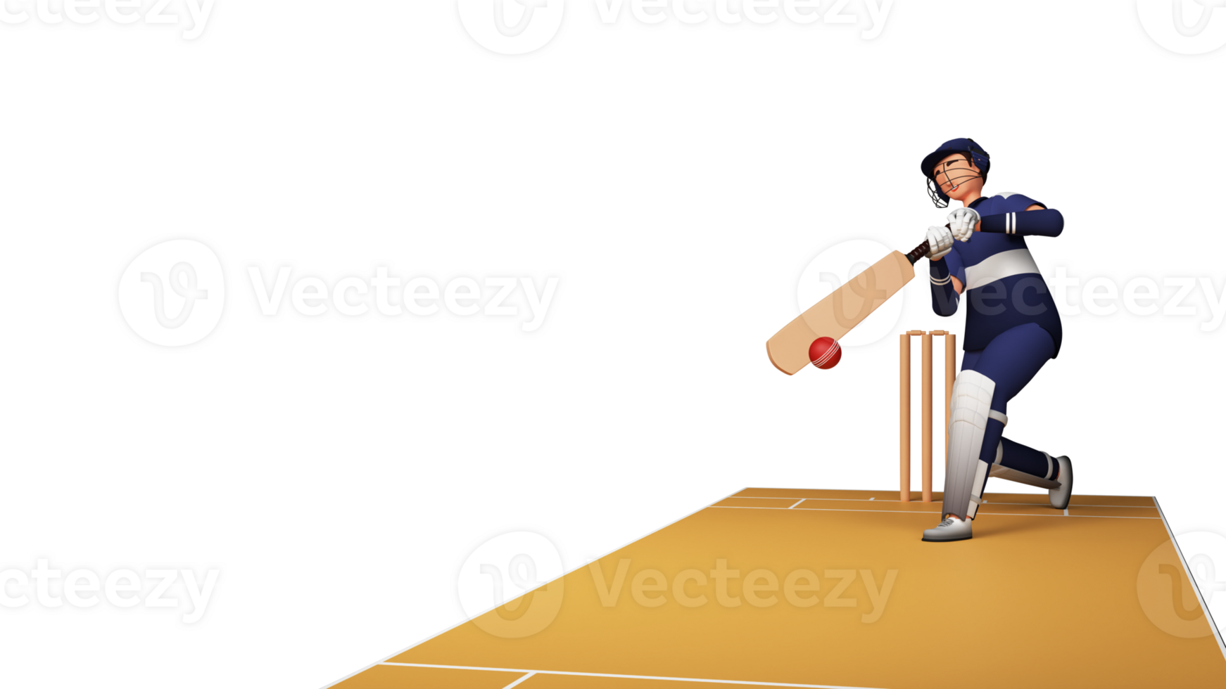 3D Render Of Cricket Batter Player Hitting Ball Over Pitch Background And Copy Space. png