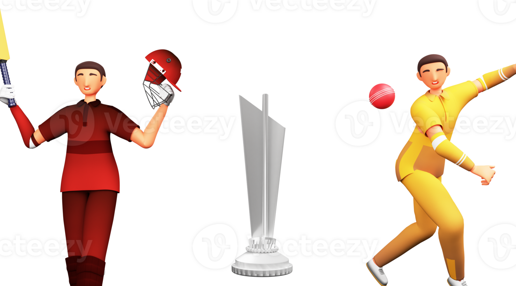 3D Render Cricket Batsman With Bowler Player Of Participating Countries Team And Silver Winner Trophy Cup Against Background. png