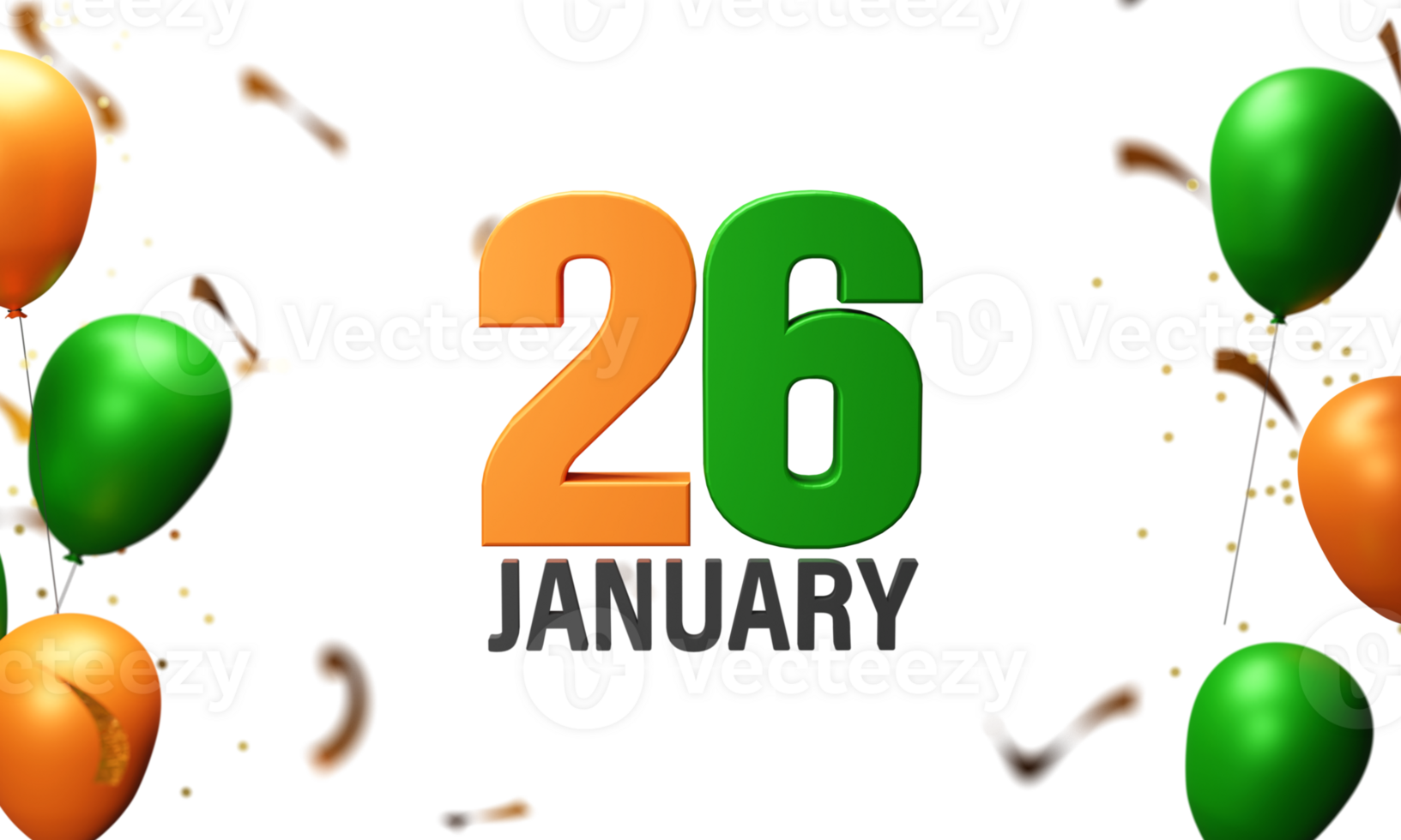 3D Illustration 26 January Text With Glossy Balloons In Saffron And Green Color On Blur Confetti Background. png