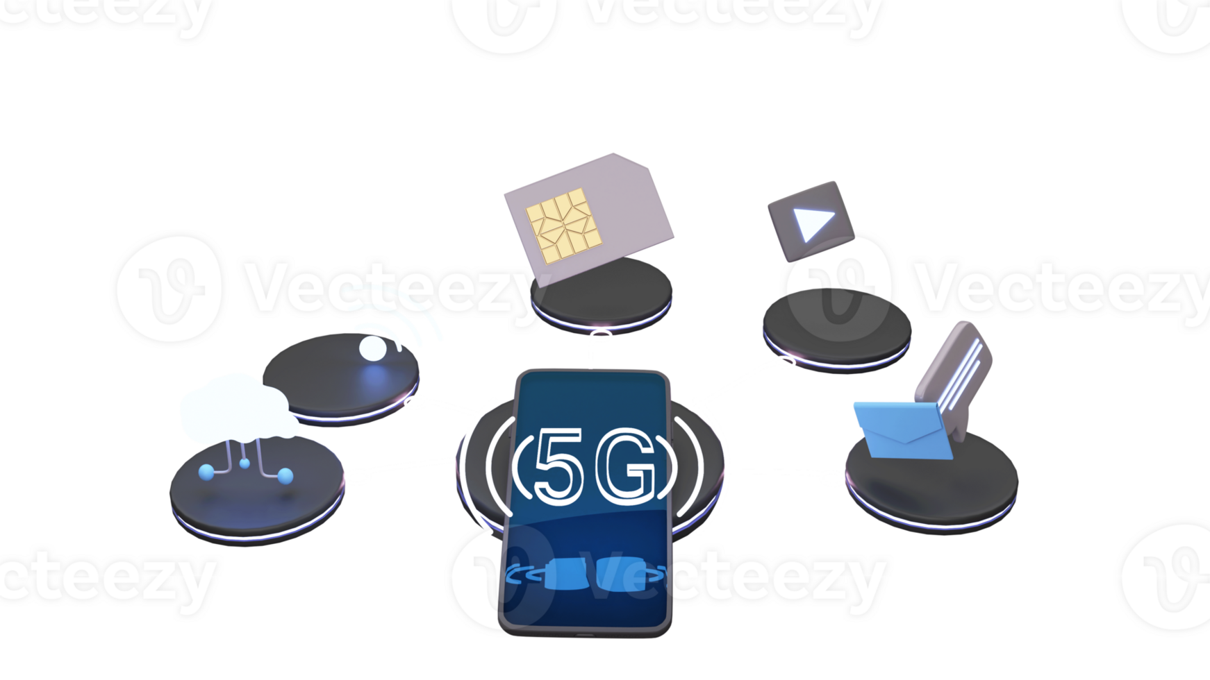 Alto Rapidez 5g rede conectado com nuvem Informática, Wi-fi, sim cartão, vídeo jogar, bate-papo a partir de Smartphone dentro 3d renderizar. png
