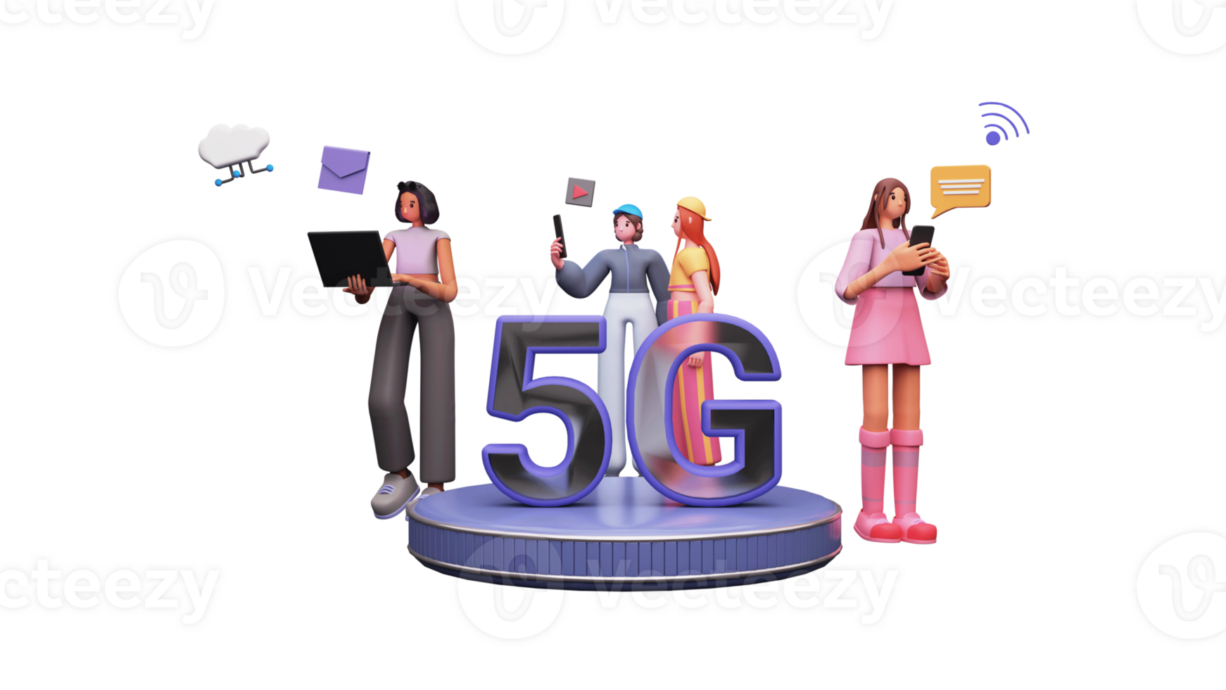 3d Jeune femmes en utilisant haute la vitesse 5g réseau dans leur dispositifs contre Contexte. png