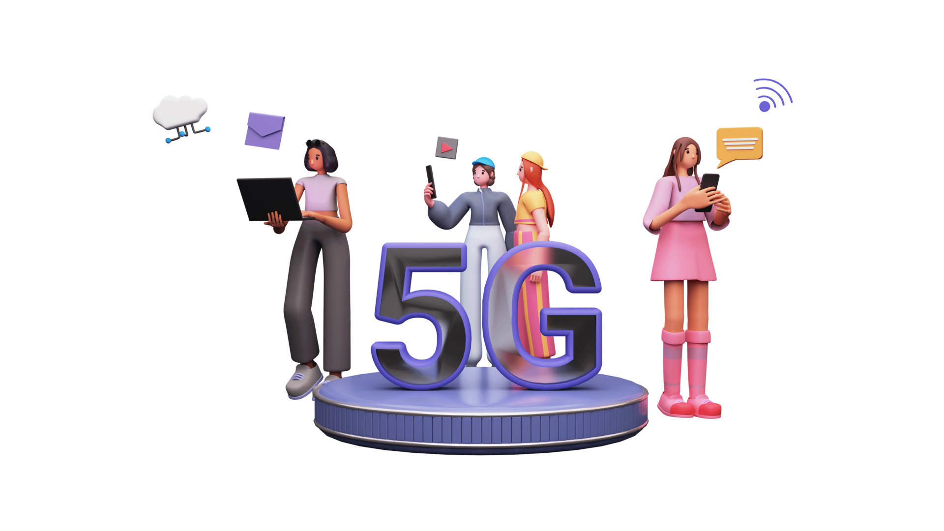 3D Young Women Using High Speed 5G Network In Their Devices Against 3d-young-women-using-high-speed-5g-network-in-their-devices-against