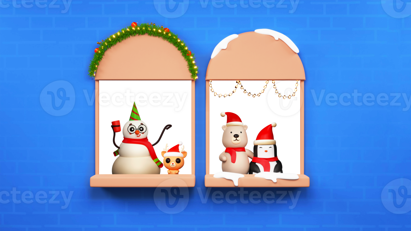 3D Render Of Cartoon Snowman With Reindeer, Bear, Penguin Wearing Santa Hat In Window Against Blue Brick Wall Background. png