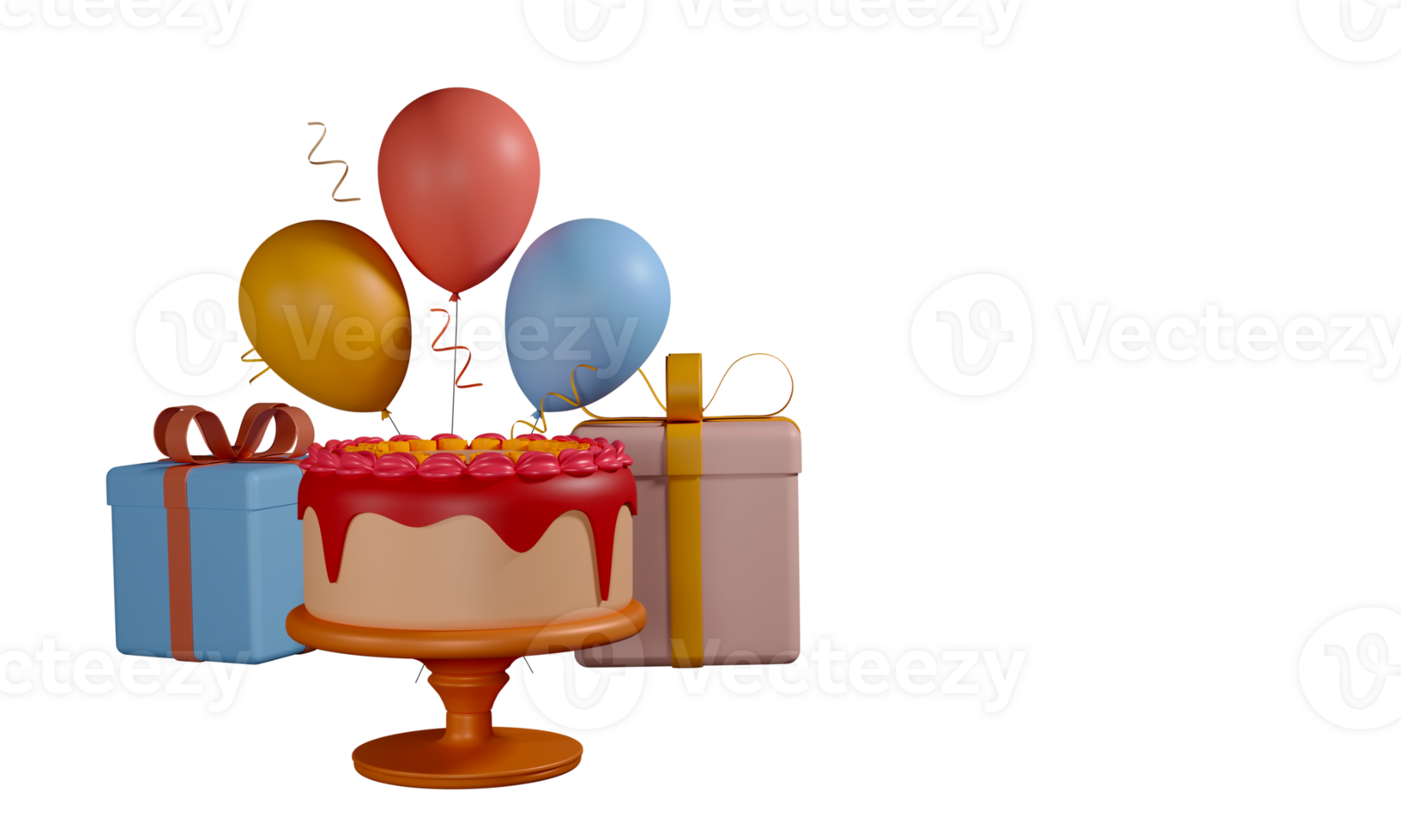 3D Render Of Delicious Cake Over Table With Gift Boxes, Balloons Decorated Background. png
