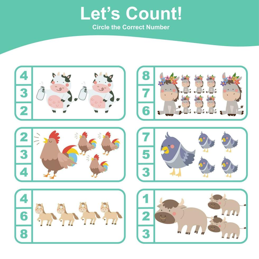 Math educational game for children. Count and circle worksheet. Learning how to count and match images with number. Educational printable math. Vector file.