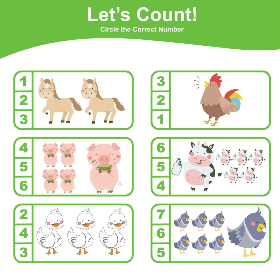 Math educational game for children. Count and circle worksheet. Learning how to count and match images with number. Educational printable math. Vector file.