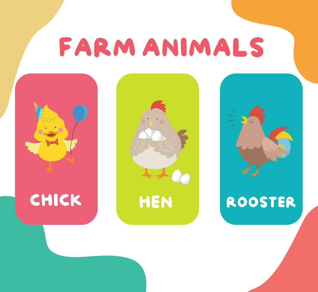 linda granja animal tarjetas didácticas para niños. imprimible vistoso juego tarjetas animal nombres vocabulario. vector ilustración.