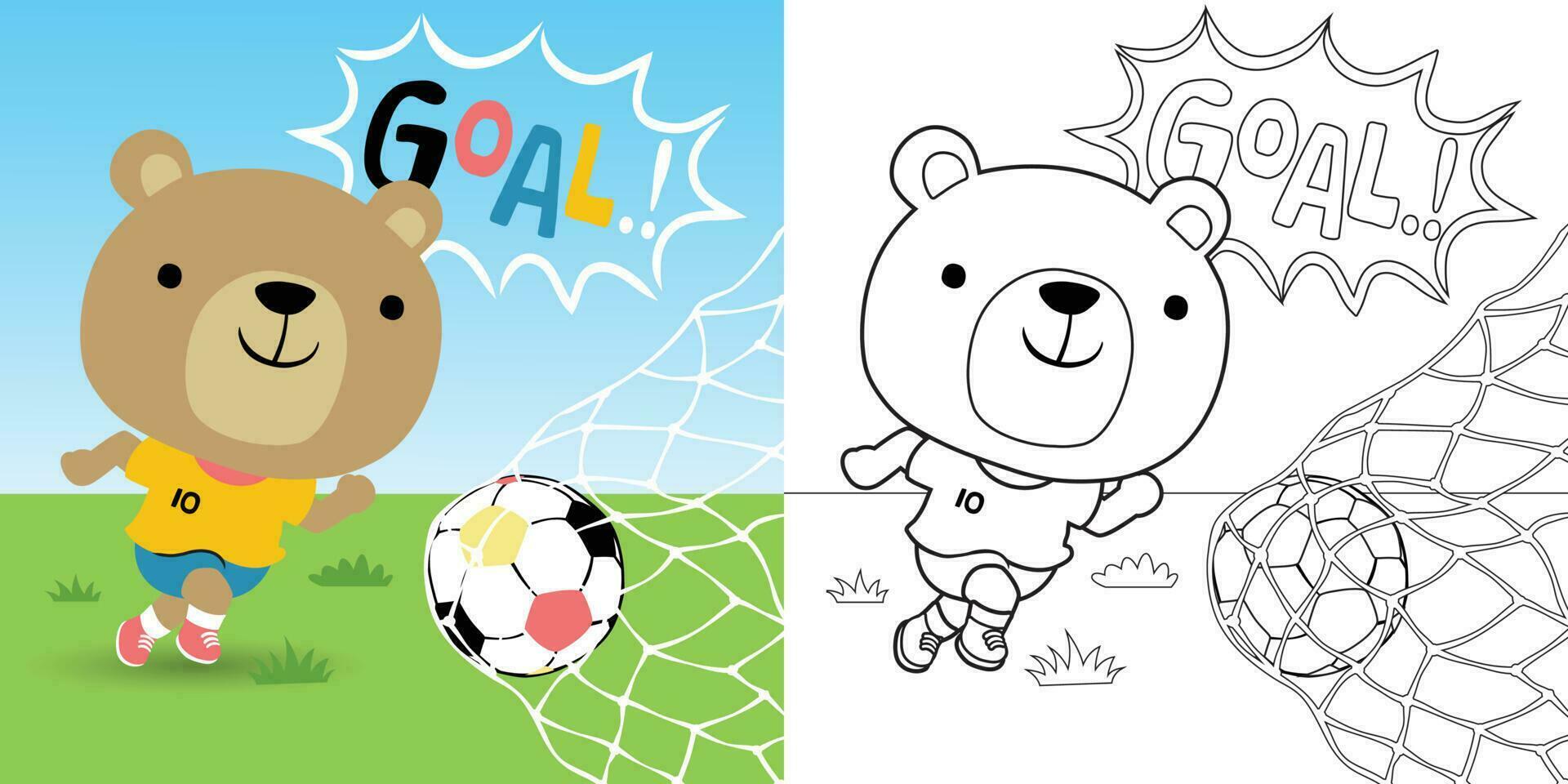 Vector cartoon of funny bear playing soccer, coloring book or page for kids