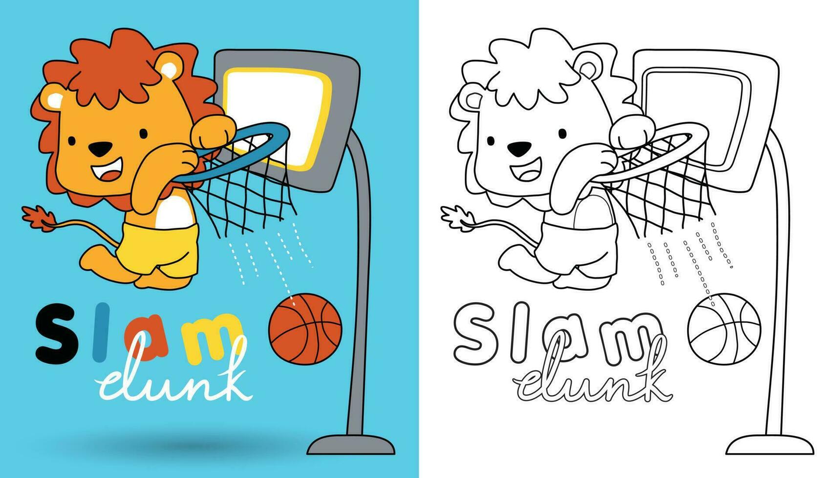Vector cartoon of lion playing basketball, coloring book or page for kids