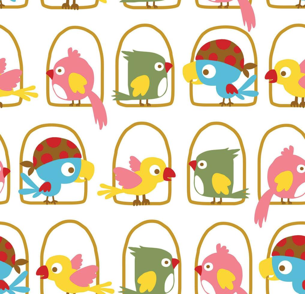 Seamless pattern vector of colorful funny birds cartoon perch on birds swing