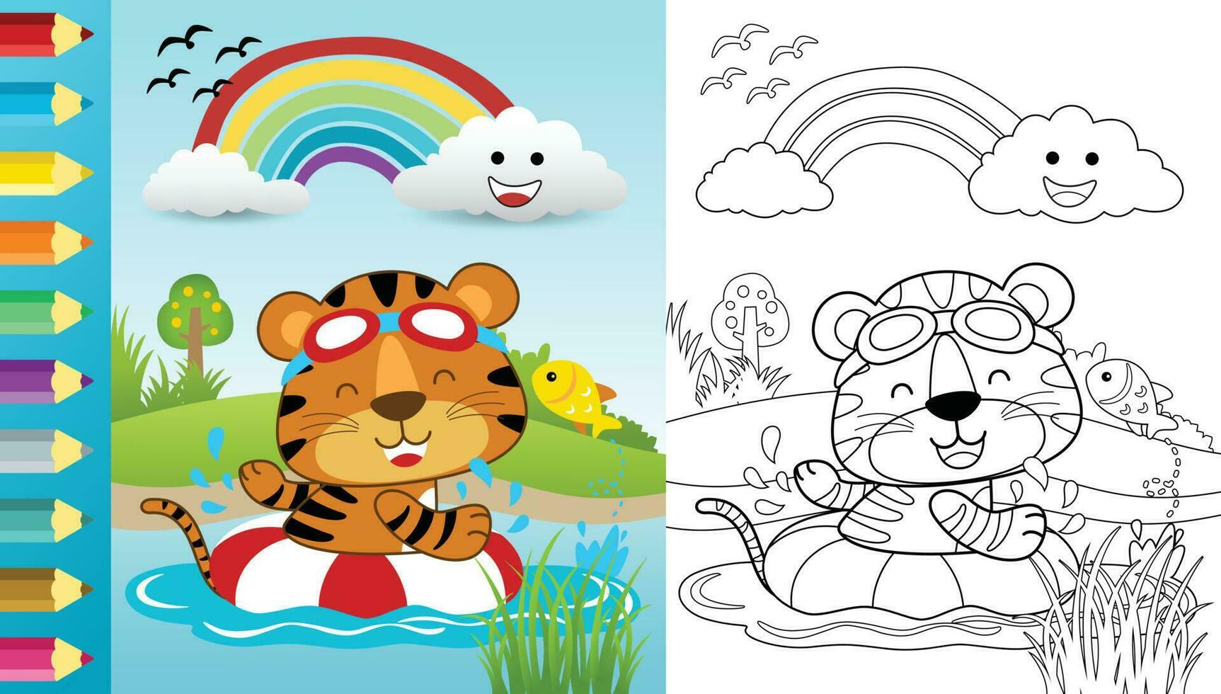 Vector cartoon of funny tiger swimming with buoy in river on scenic background, coloring book or page