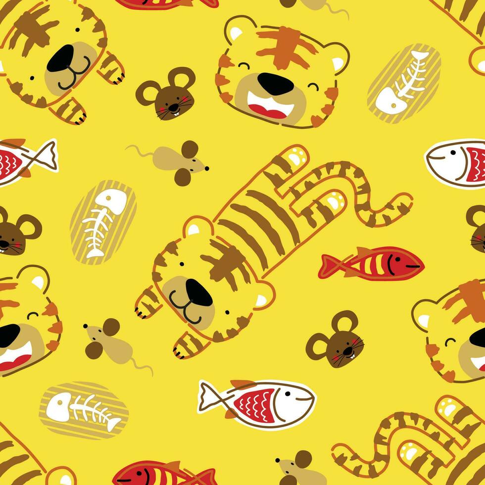 Seamless pattern vector of cat and mouse with fish, pets element cartoon